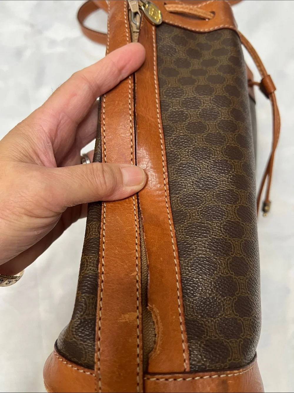 Celine Brown Leather-Trim Bucket Shoulder Bag - Picture 8 of 15
